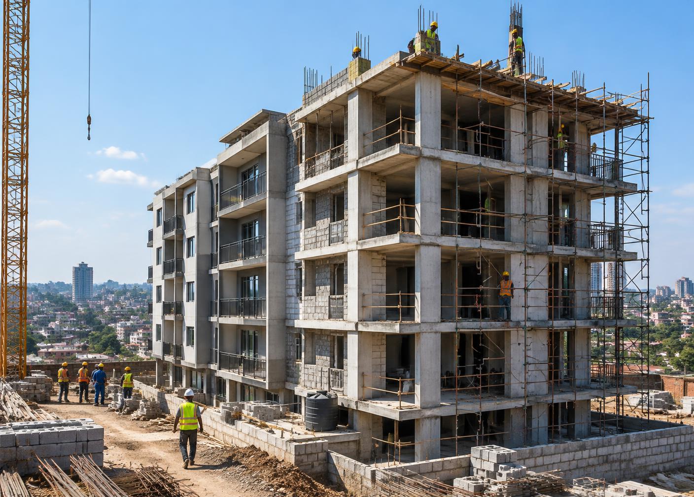 Residential development under construction with workers on site
