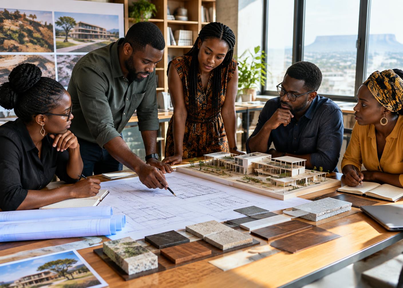 Professionals working together over architectural drawings