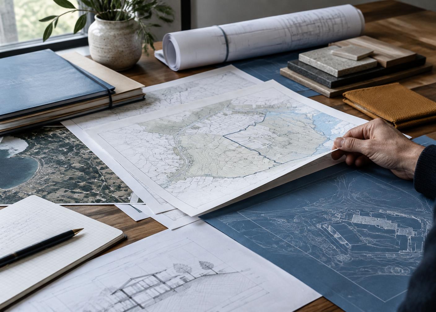 Plans and maps being reviewed as project evidence